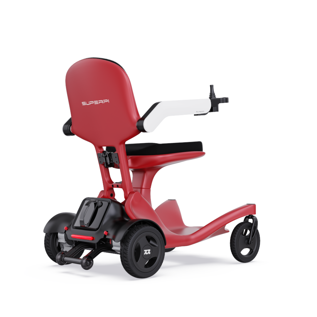 A modern red and white Superpi P2 Portable Electric Wheelchair with three wheels, a black cushioned seat, and handlebars is shown from the back right side.